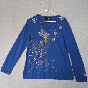 Berek Blue Beaded Angel Christmas Sweater Womens Large Ramie Kitschy Beaded